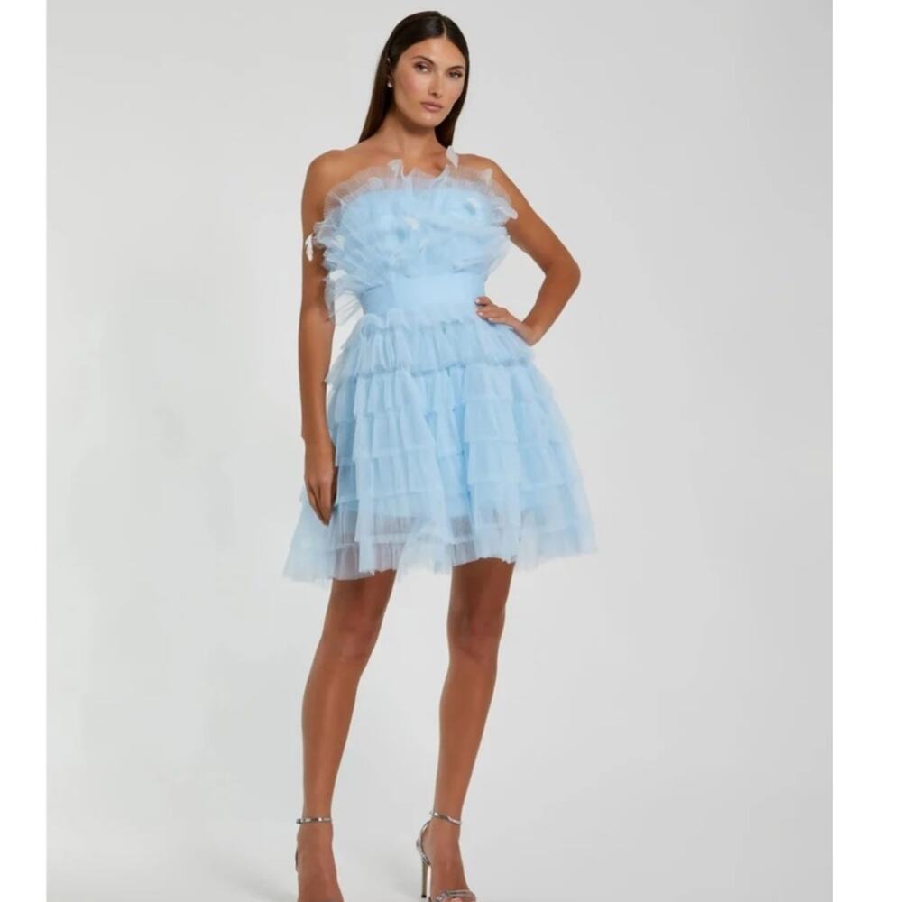 Mac Duggal Baby Blue Feathers Tulle Strapless Mini Dress Prom 598 retail, size 0